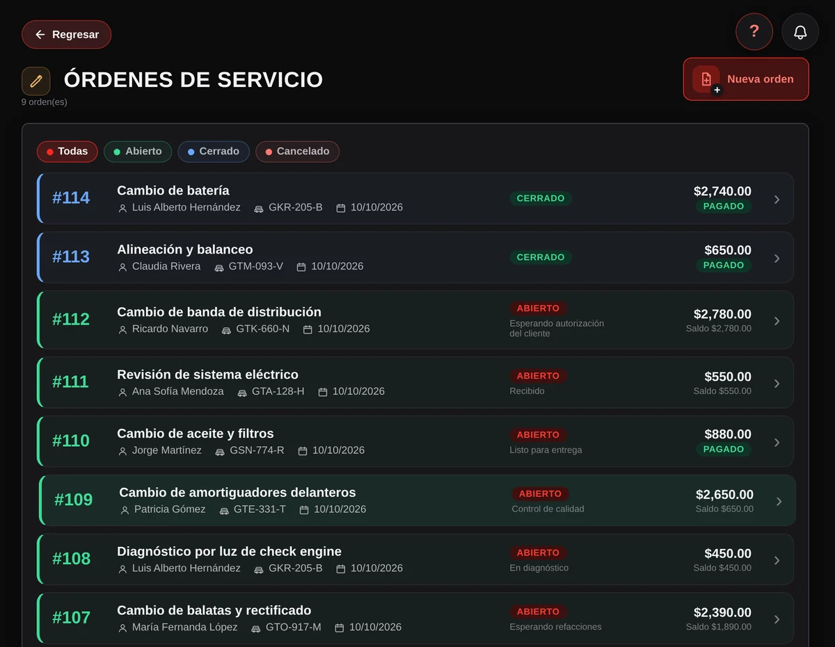 Lista de órdenes de servicio con estatus, saldo y filtros